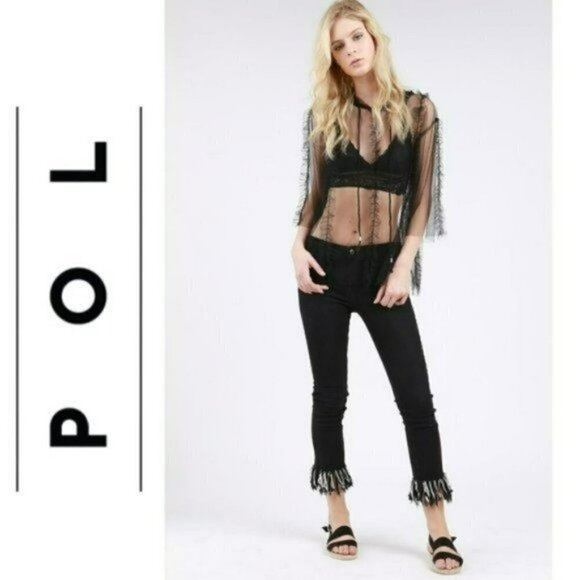 NWT POL Shear Mesh Ruffle Trim Hooded Top Blouse - Picture 3 of 6